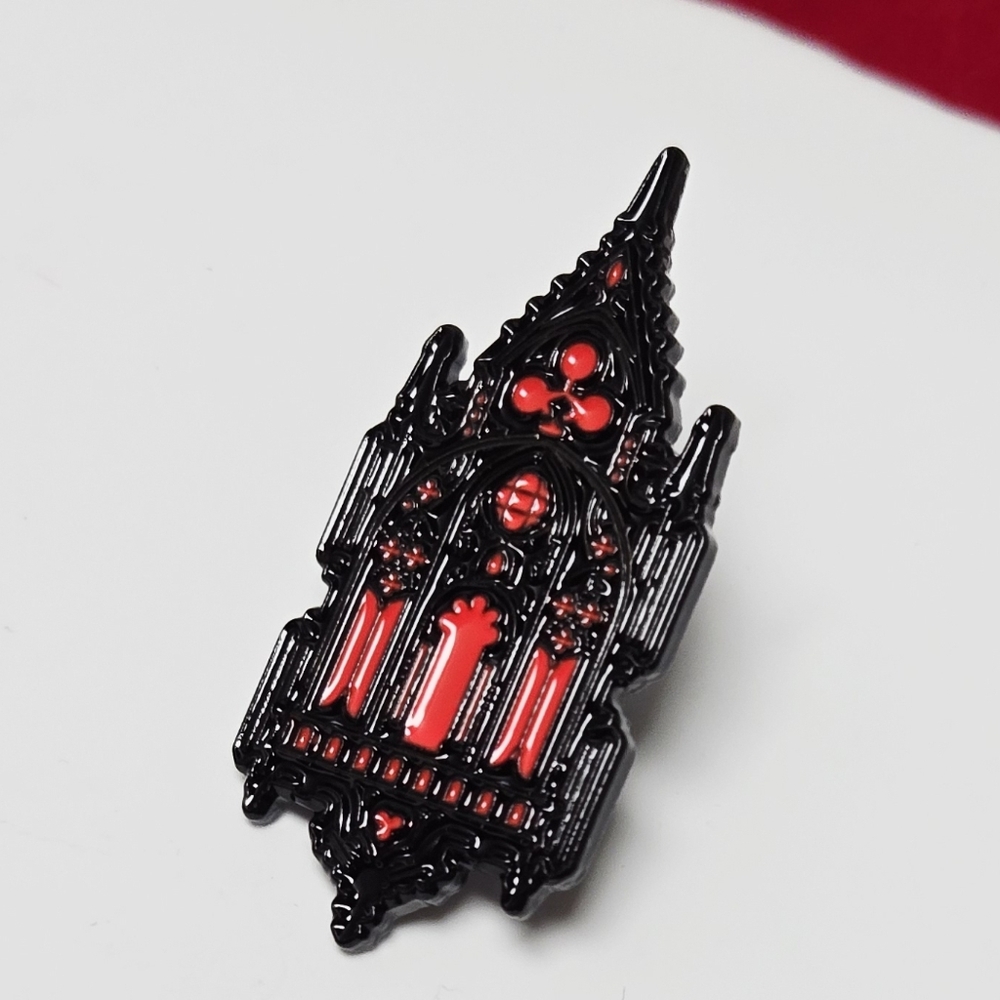 Gothic Cathedral Lapel Pin Black Red Medieval Church Enamel Badge Castle Brooch